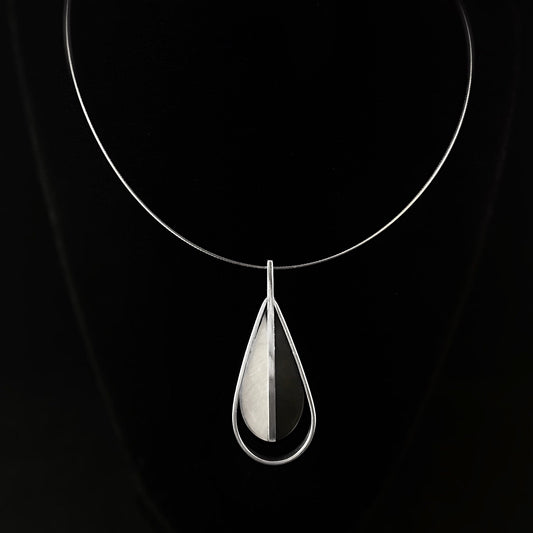 Handmade Resin and Shell Two Tone White/Charcoal Teardrop Pendant Necklace, Hypoallergenic - Origin
