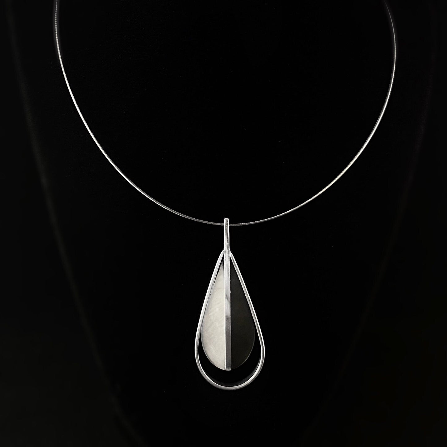Handmade Resin and Shell Two Tone White/Charcoal Teardrop Pendant Necklace, Hypoallergenic - Origin