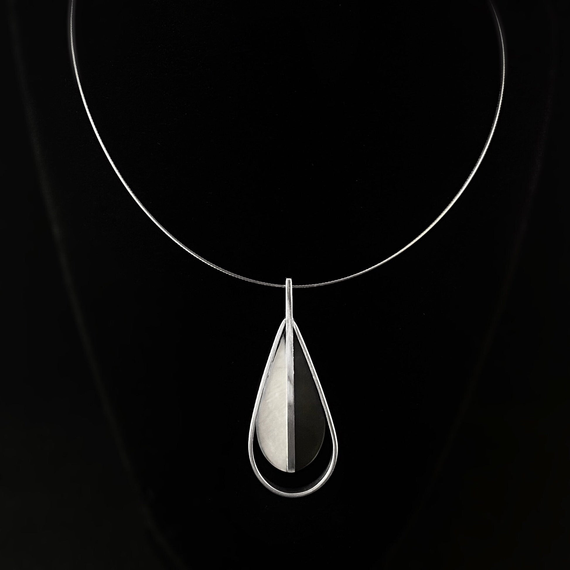 Handmade Resin and Shell Two Tone White/Charcoal Teardrop Pendant Necklace, Hypoallergenic - Origin