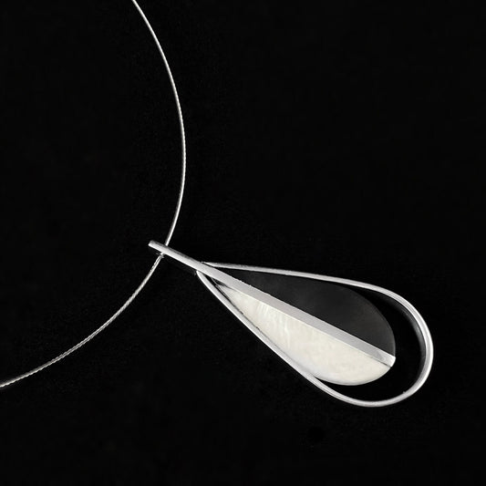 Handmade Resin and Shell Two Tone White/Charcoal Teardrop Pendant Necklace, Hypoallergenic - Origin