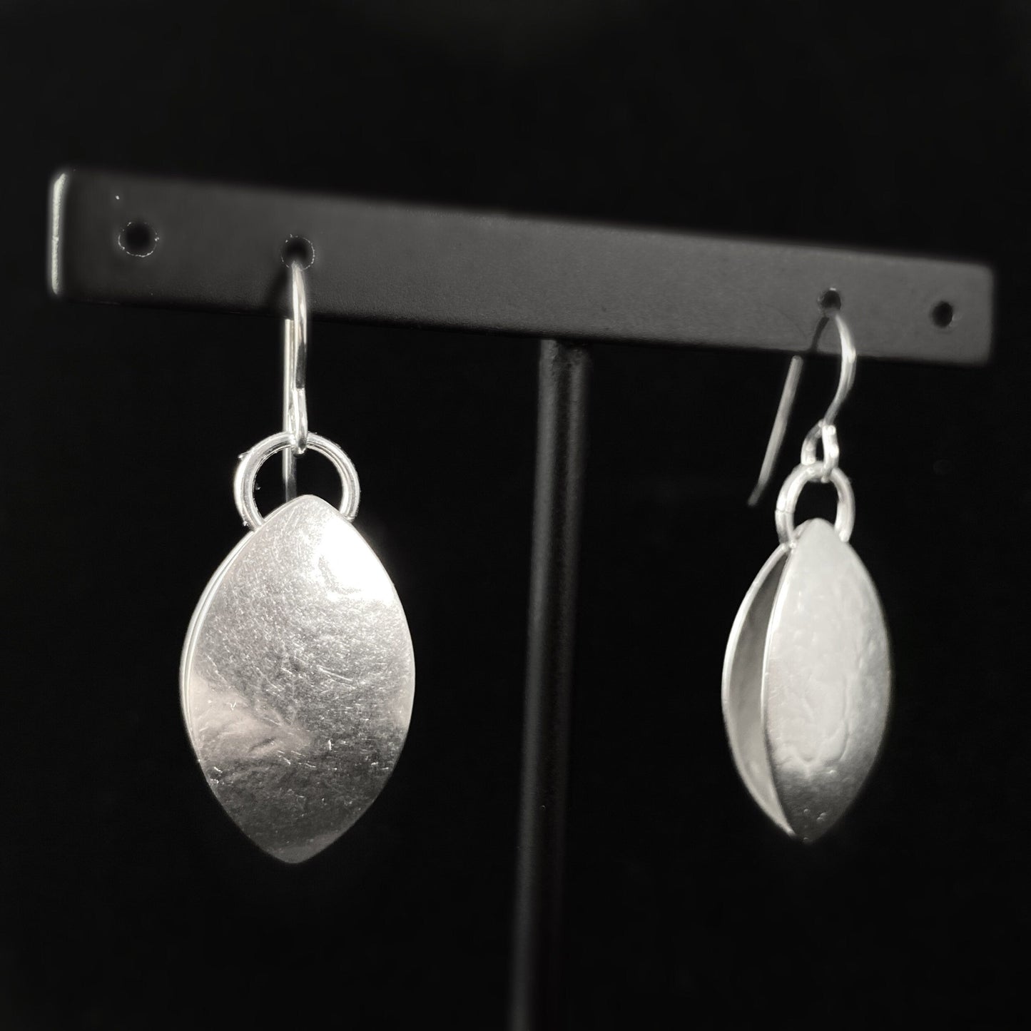 Handmade Silver Folded Oval Dangle Earrings, Made in USA