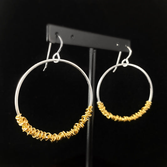 Handmade Silver Hoop with Gold Wire Wrap Dangle Earrings, Made in USA