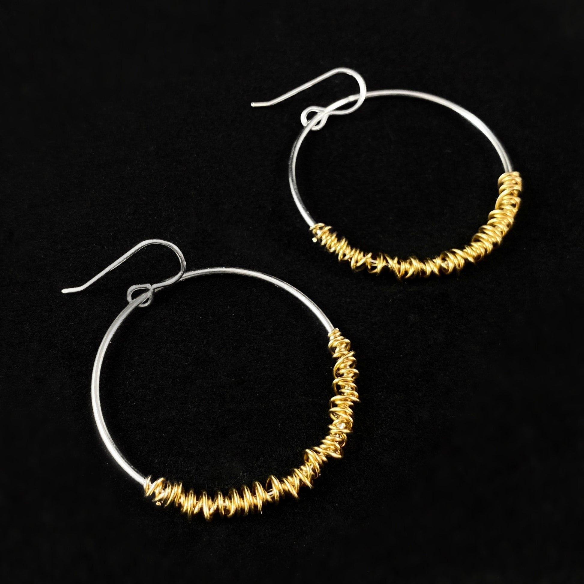 Handmade Silver Hoop with Gold Wire Wrap Dangle Earrings, Made in USA