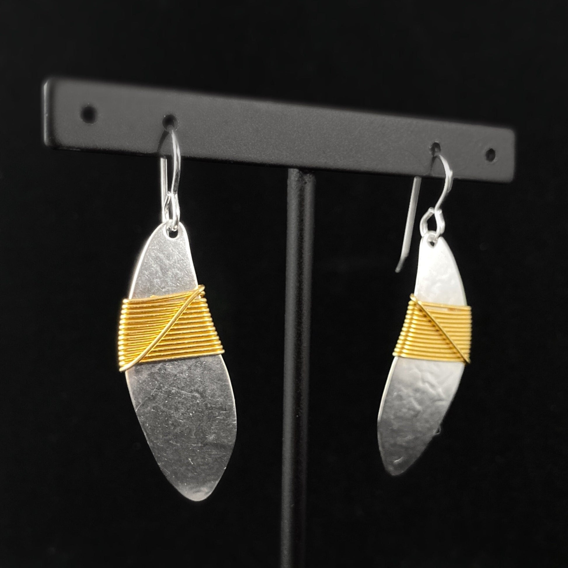 Handmade Silver Leaf with Gold Wire Wrap Dangle Earrings, Made in USA