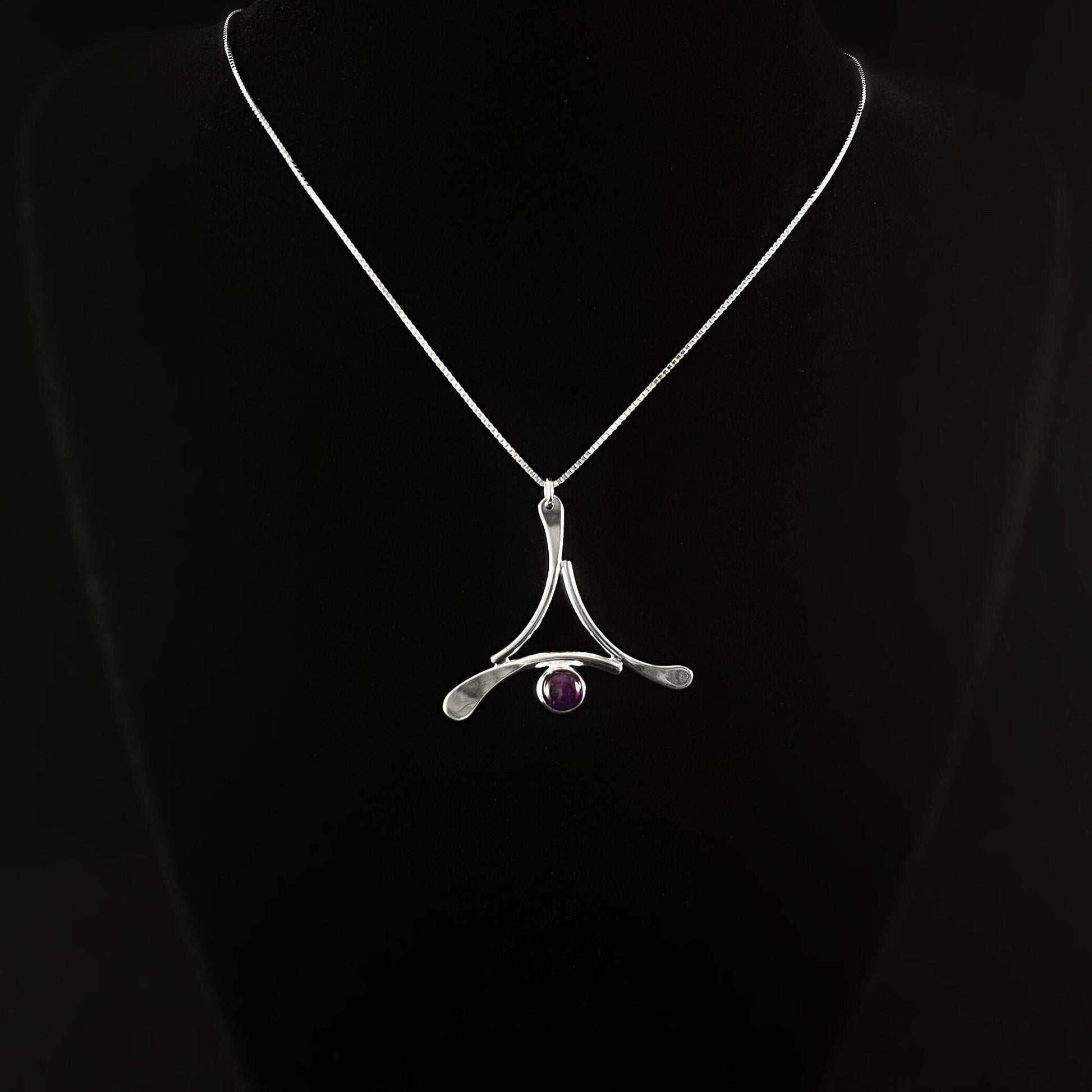 Handmade Sterling Silver Flat Forged Triangle Purple Stone Pendant Necklace, Made in USA - Reflections