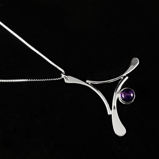 Handmade Sterling Silver Flat Forged Triangle Purple Stone Pendant Necklace, Made in USA - Reflections
