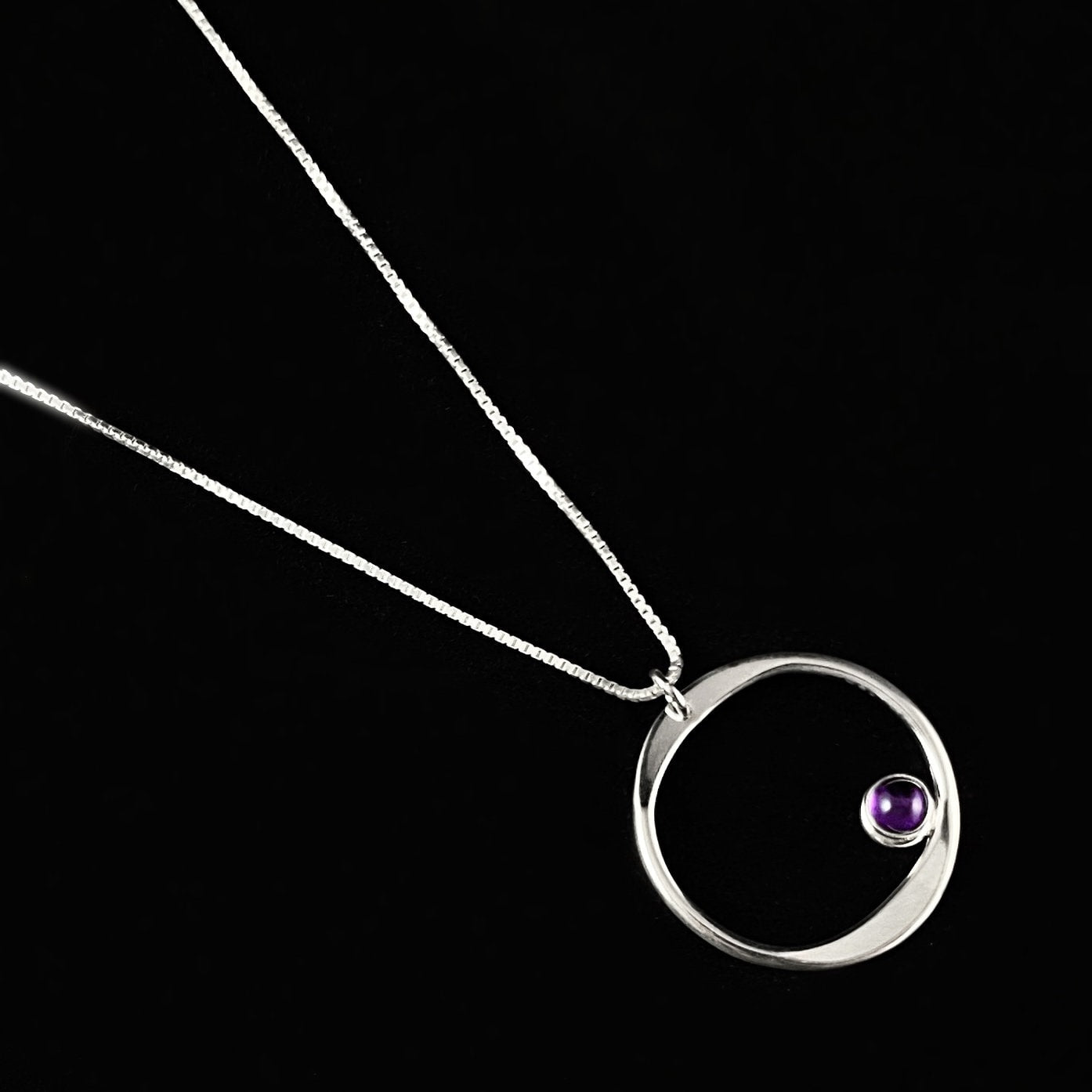 Handmade Sterling Silver Forged Circle Pendant Necklace w/ Amethyst Stone, Made in USA - Reflections