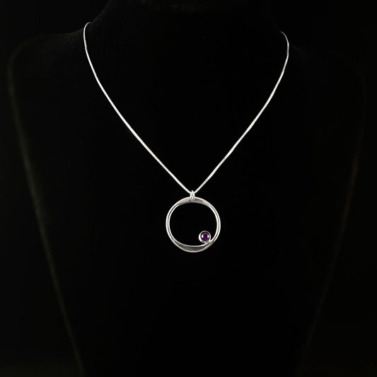 Handmade Sterling Silver Forged Circle Pendant Necklace w/ Amethyst Stone, Made in USA - Reflections