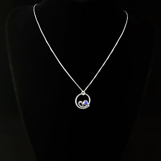 Handmade Sterling Silver Forged Circle Pendant Necklace w/ Blue Onyx Stone, Made in USA - Reflections