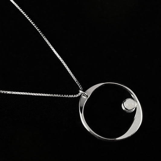 Handmade Sterling Silver Forged Circle Pendant Necklace w/ White Stone, Made in USA - Reflections