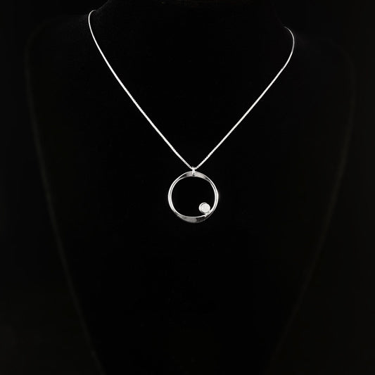 Handmade Sterling Silver Forged Circle Pendant Necklace w/ White Stone, Made in USA - Reflections