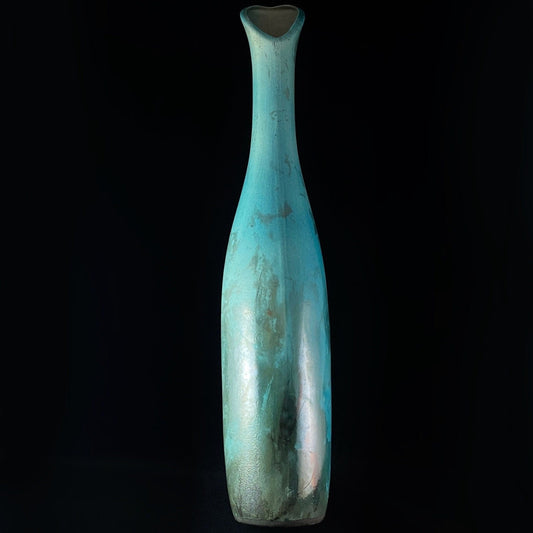 Handmade Tall Skinny Teal Petal Vase, Decorative Raku Pottery