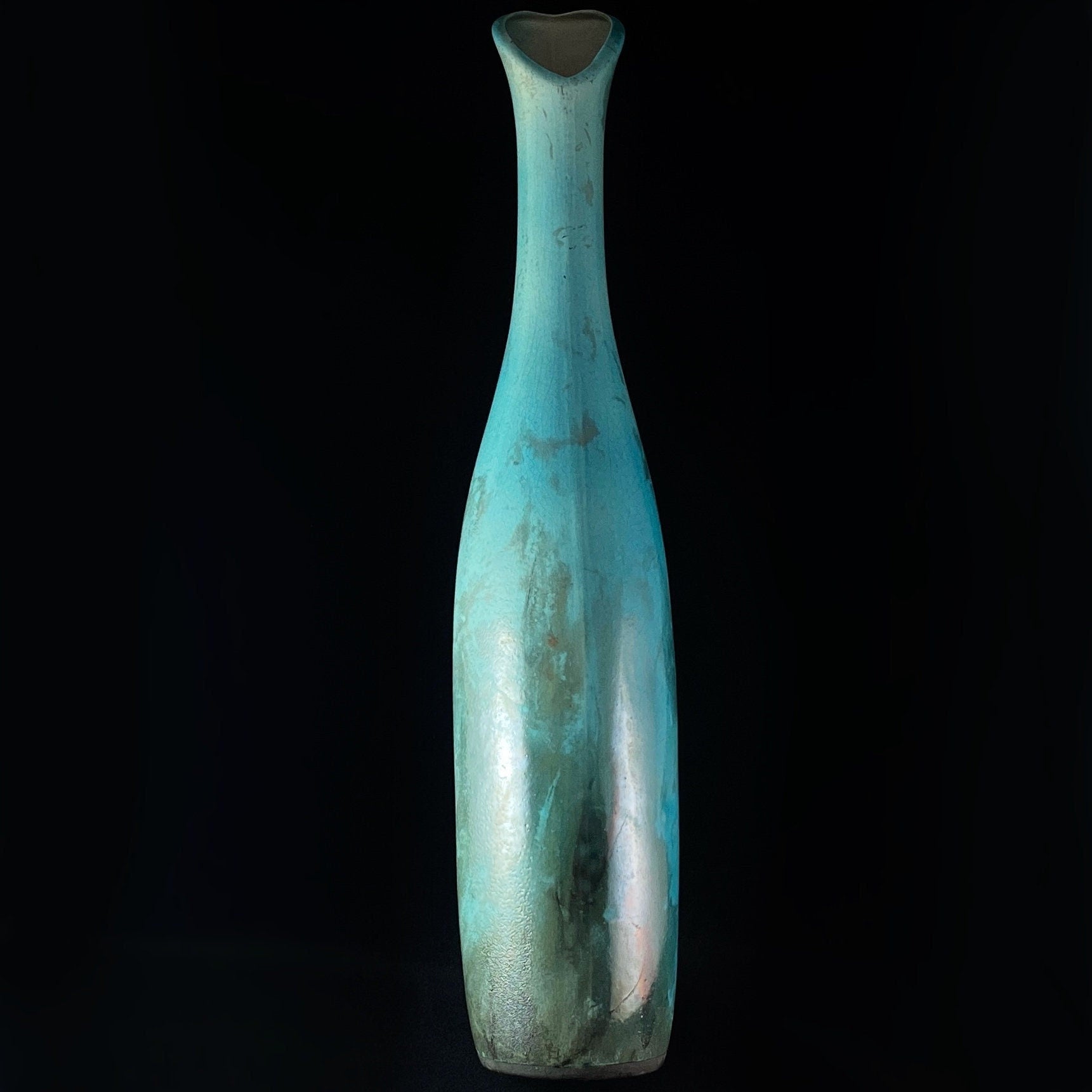 Handmade Tall Skinny Teal Petal Vase, Decorative Raku Pottery