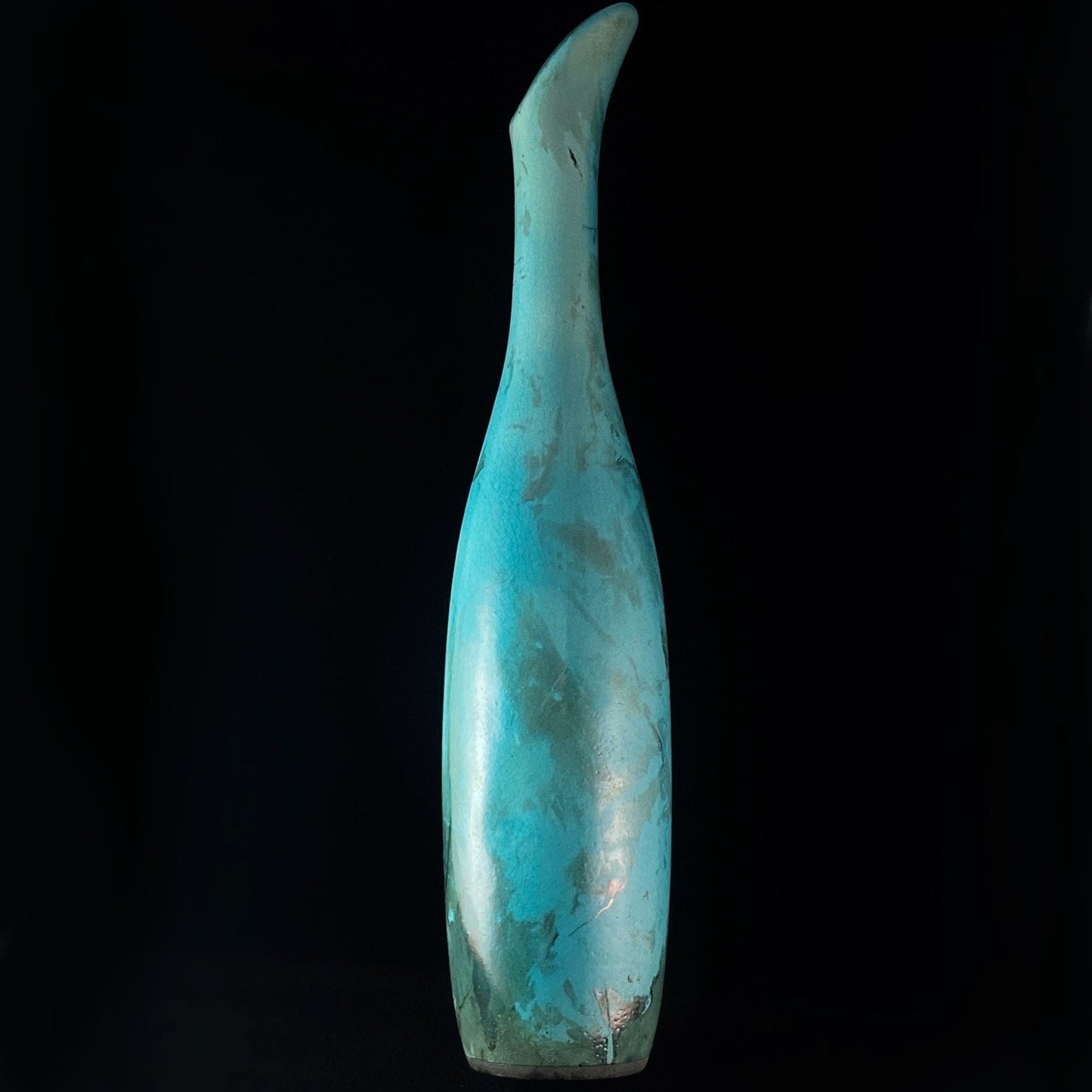 Handmade Tall Skinny Teal Petal Vase, Decorative Raku Pottery