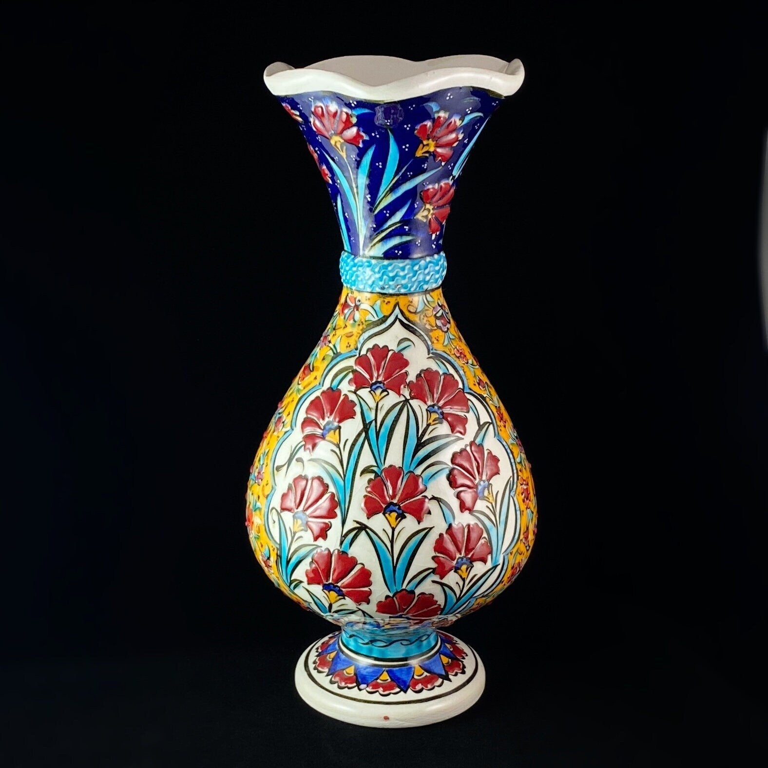 Handmade Vase, Functional and Decorative Turkish Pottery, Cottagecore Style, Blue and Yellow