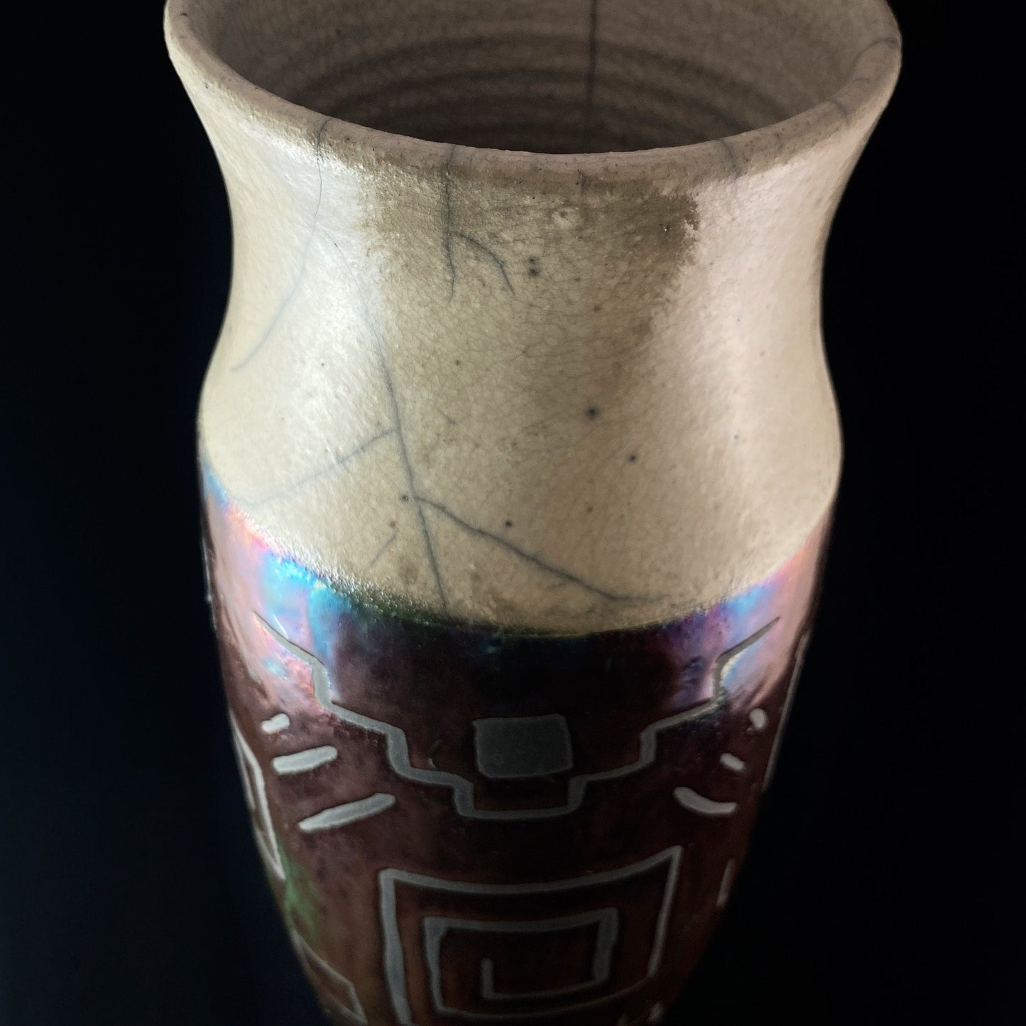 Handmade Wide Geometric Pattern Vase, Decorative Raku Pottery
