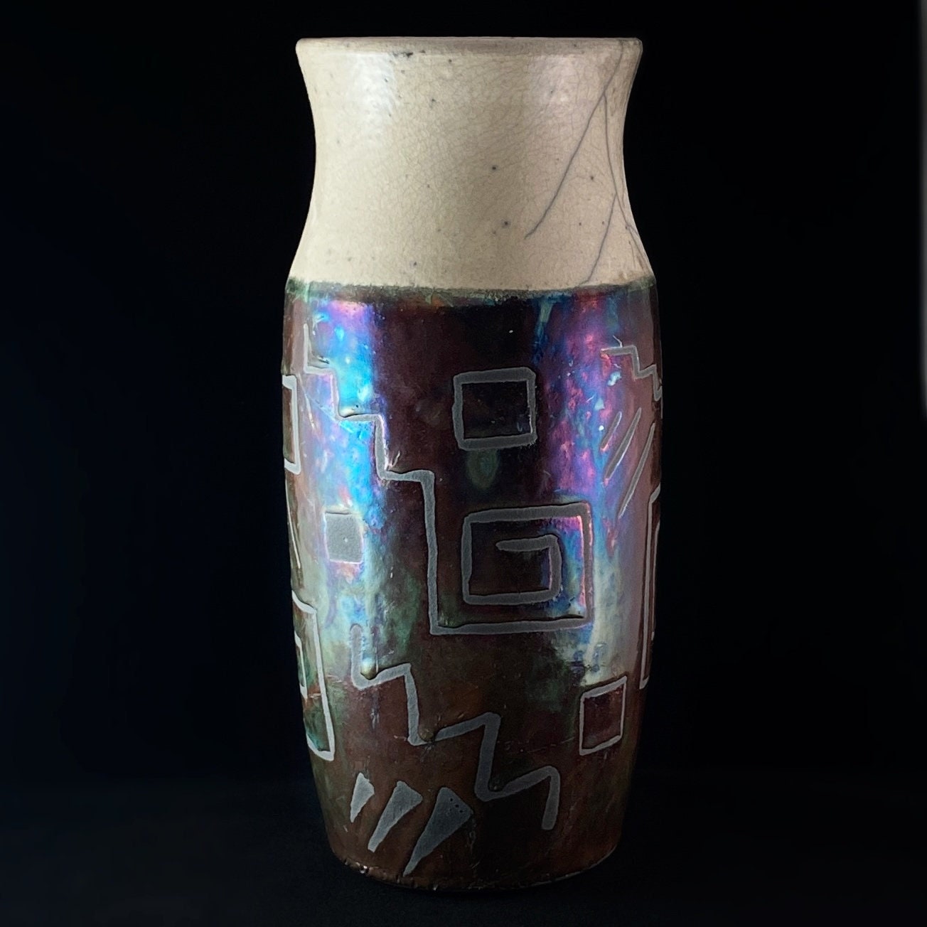 Handmade Wide Geometric Pattern Vase, Decorative Raku Pottery
