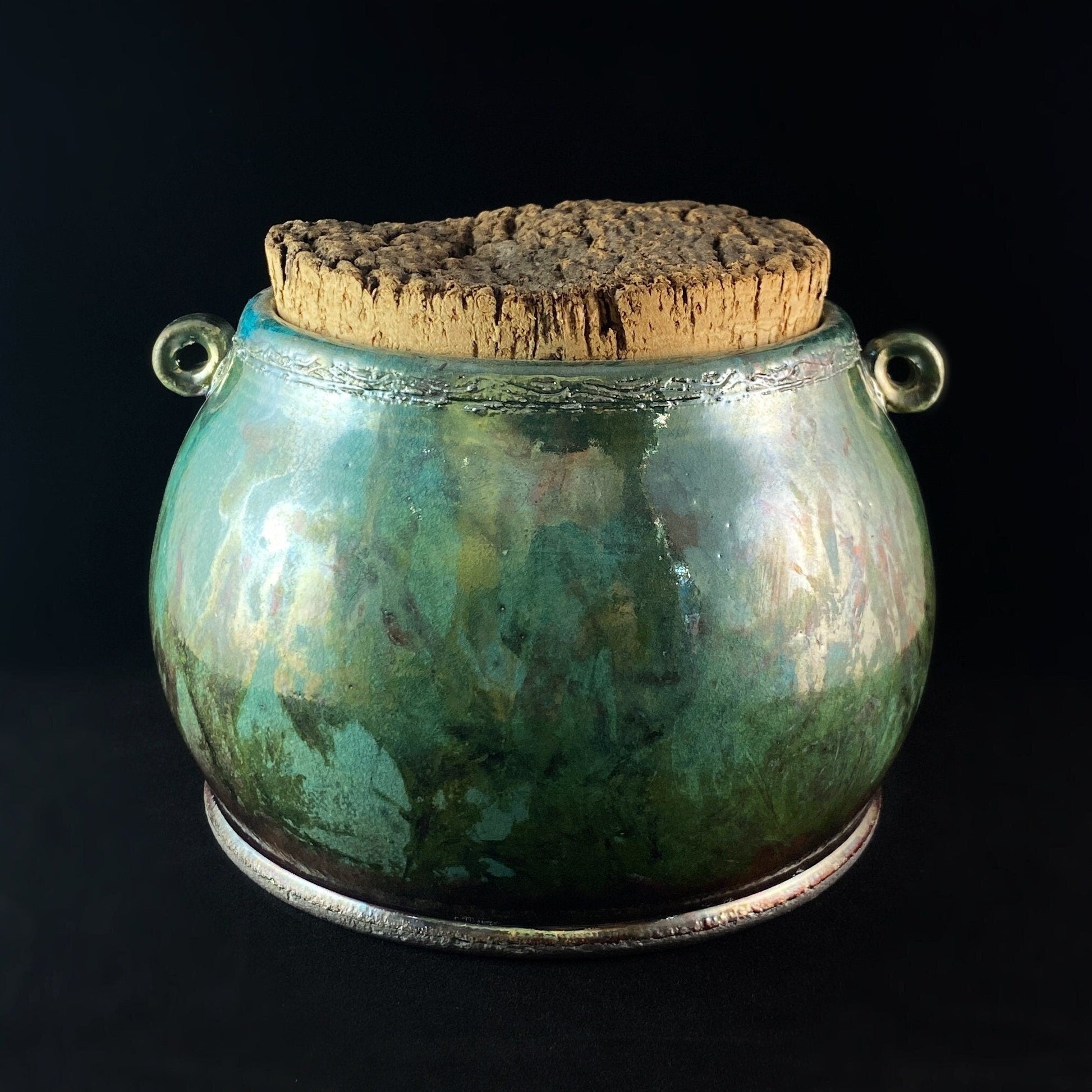 Handmade Wide Jar with Cork Lid and Tiny Handles, Decorative Raku Pottery