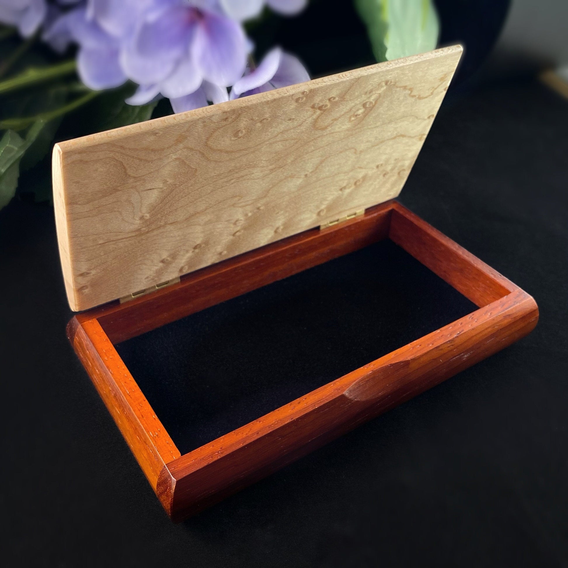 Handmade Wooden Box with Curly Maple and Padauk, Made in USA