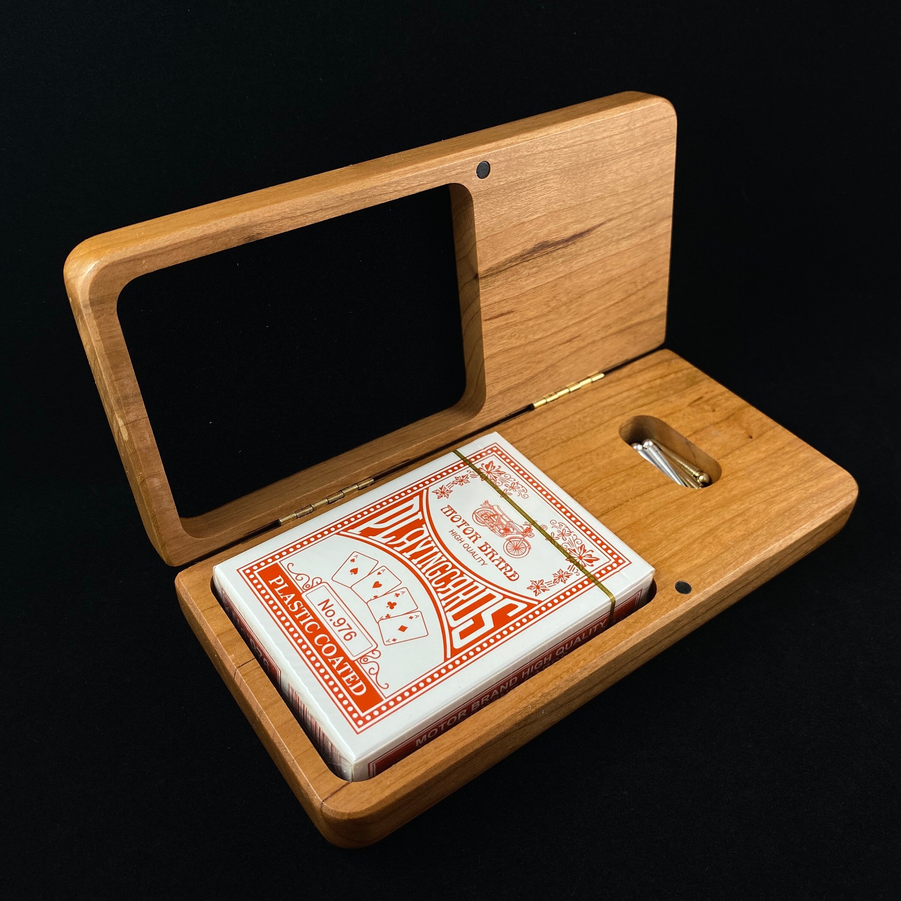 Round Walnut Cribbage top Board with Storage | Cards and Pegs Included | Handmade Gift made in USA