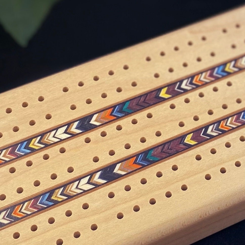 Handmade Wooden Cribbage Board with Cards and Pegs - Maple