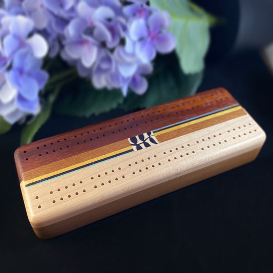 Handmade Wooden Cribbage Board with Cards and Pegs, Vine Leaf Marquetry - Cherry, Maple, Bubinga