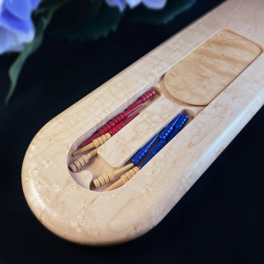 Handmade Wooden Cribbage Board with Pegs - Birdseye Maple