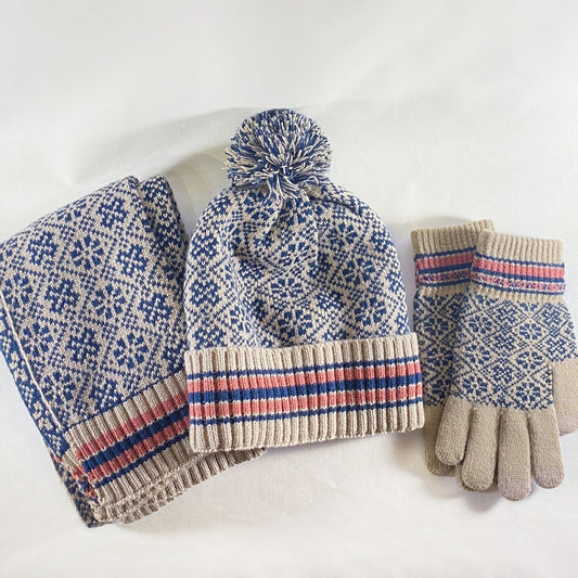 Hat, Scarf, and Gloves Set - Beige and Blue, Cozy Winter Accessories
