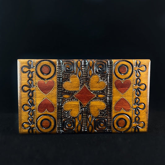 Heart Patterned Playing Card Box, Handmade Hinged Wooden Treasure Box