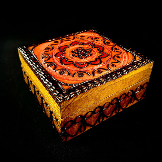 Hearts and Circles Medallion Patterned Jewelry Box, Handmade Hinged Wooden Treasure Box