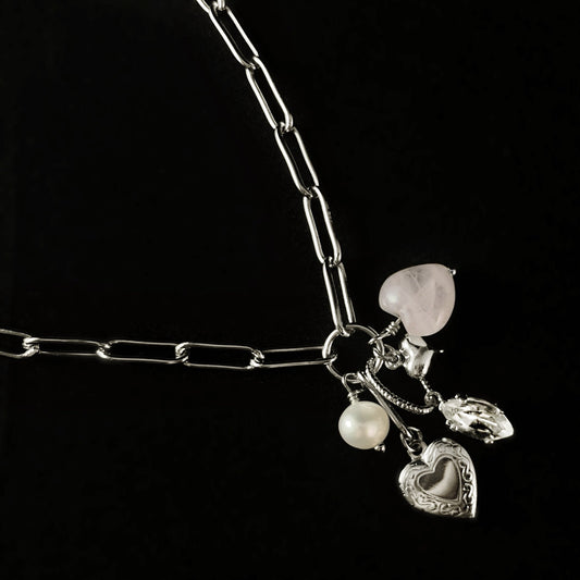 Hearts and Crystals Adjustable Silver Charm Necklace Maggie