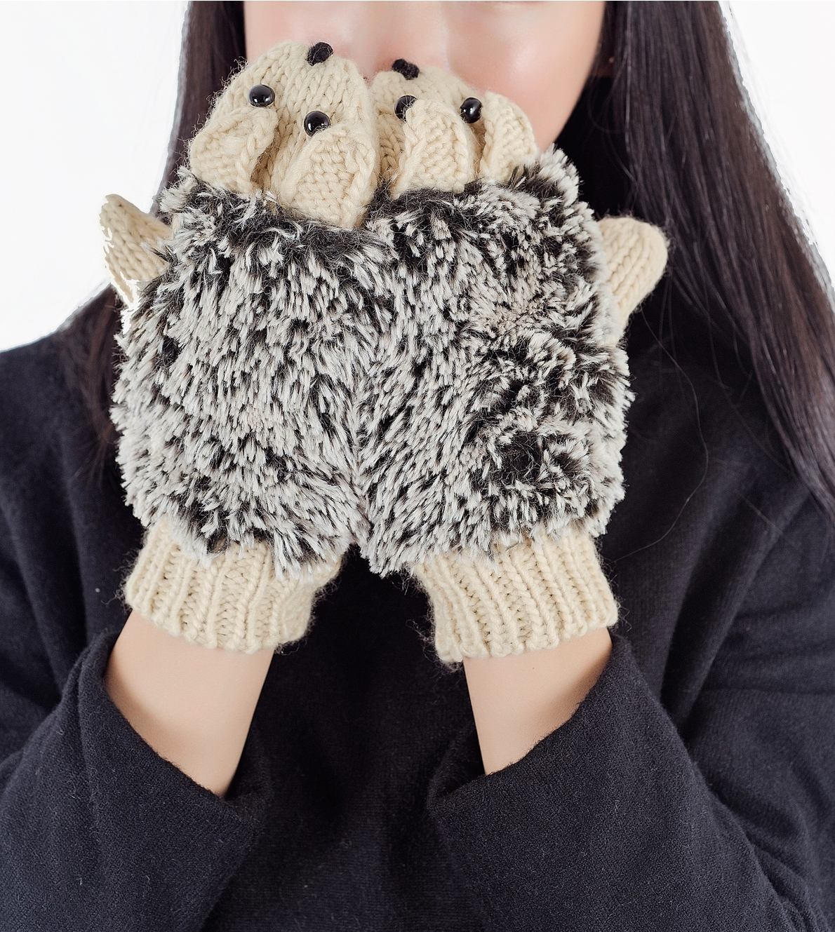 Fuzzy, Cozy, Warm Hedgehog Mittens - Beige