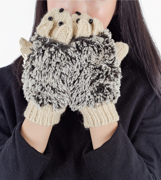 Fuzzy, Cozy, Warm Hedgehog Mittens - Beige