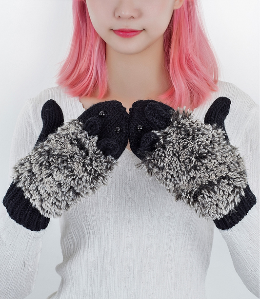 Fuzzy, Cozy, Warm Hedgehog Mittens - Black