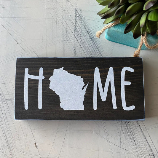 Home (Wisconsin State Outline) Small Wood Sign Black -