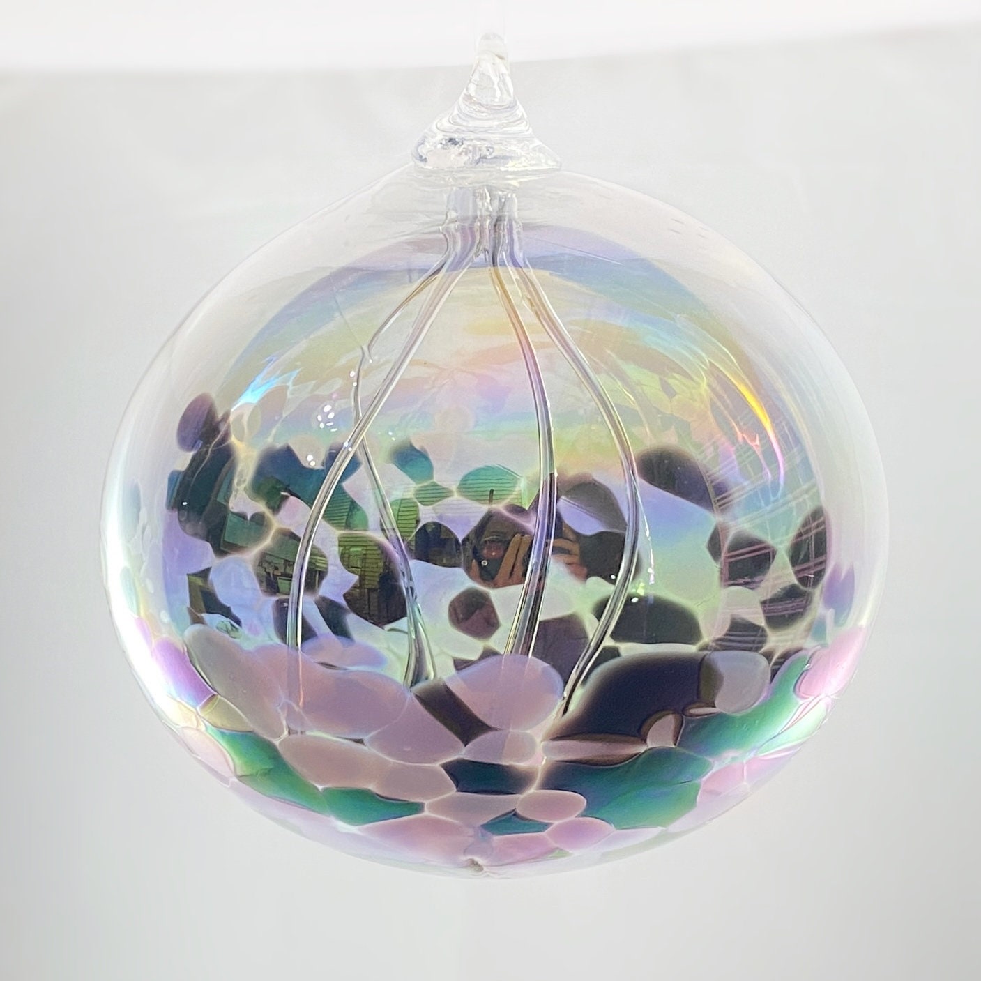 Handmade Glass Witches Ball, #43 - Pink/Black (Iridescent)