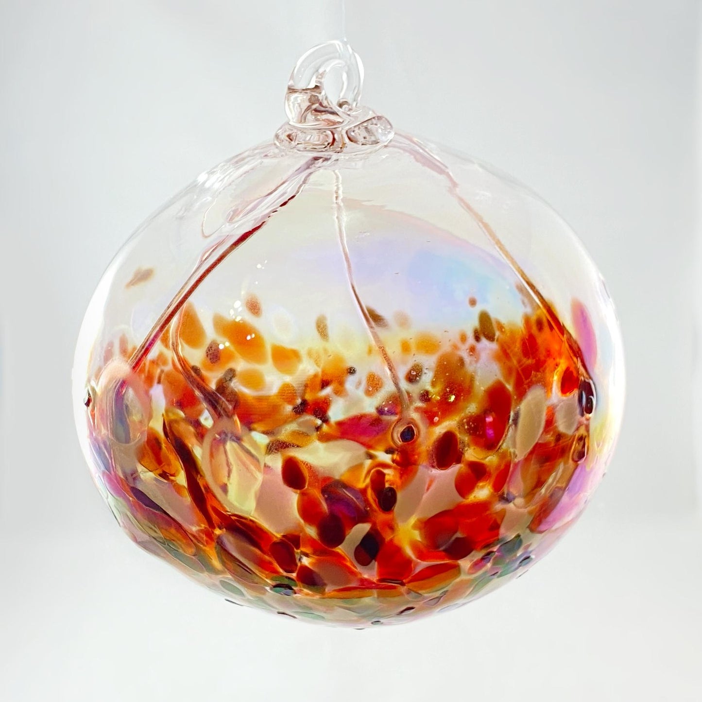 Handmade Glass Witches Ball, #46 - Iridescent Red/Orange and White