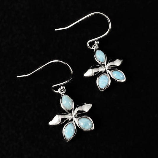 Sterling Silver Flower Drop Earrings with Natural Larimar Stones