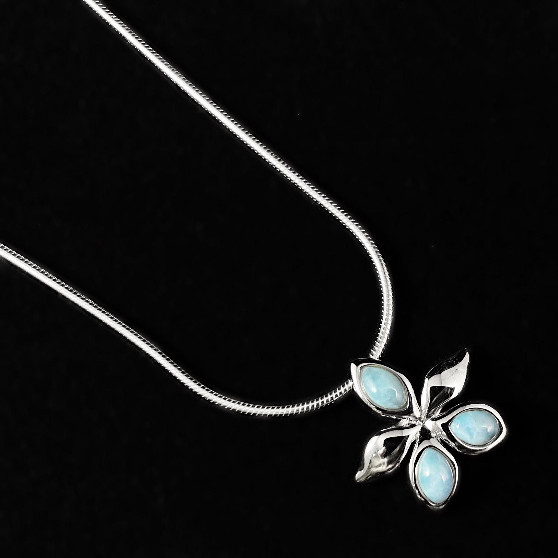 Sterling Silver Flower Necklace with Natural Larimar Stones
