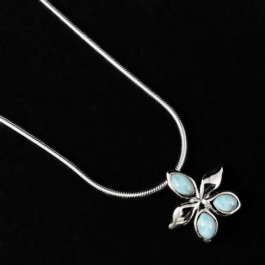 Sterling Silver Flower Necklace with Natural Larimar Stones