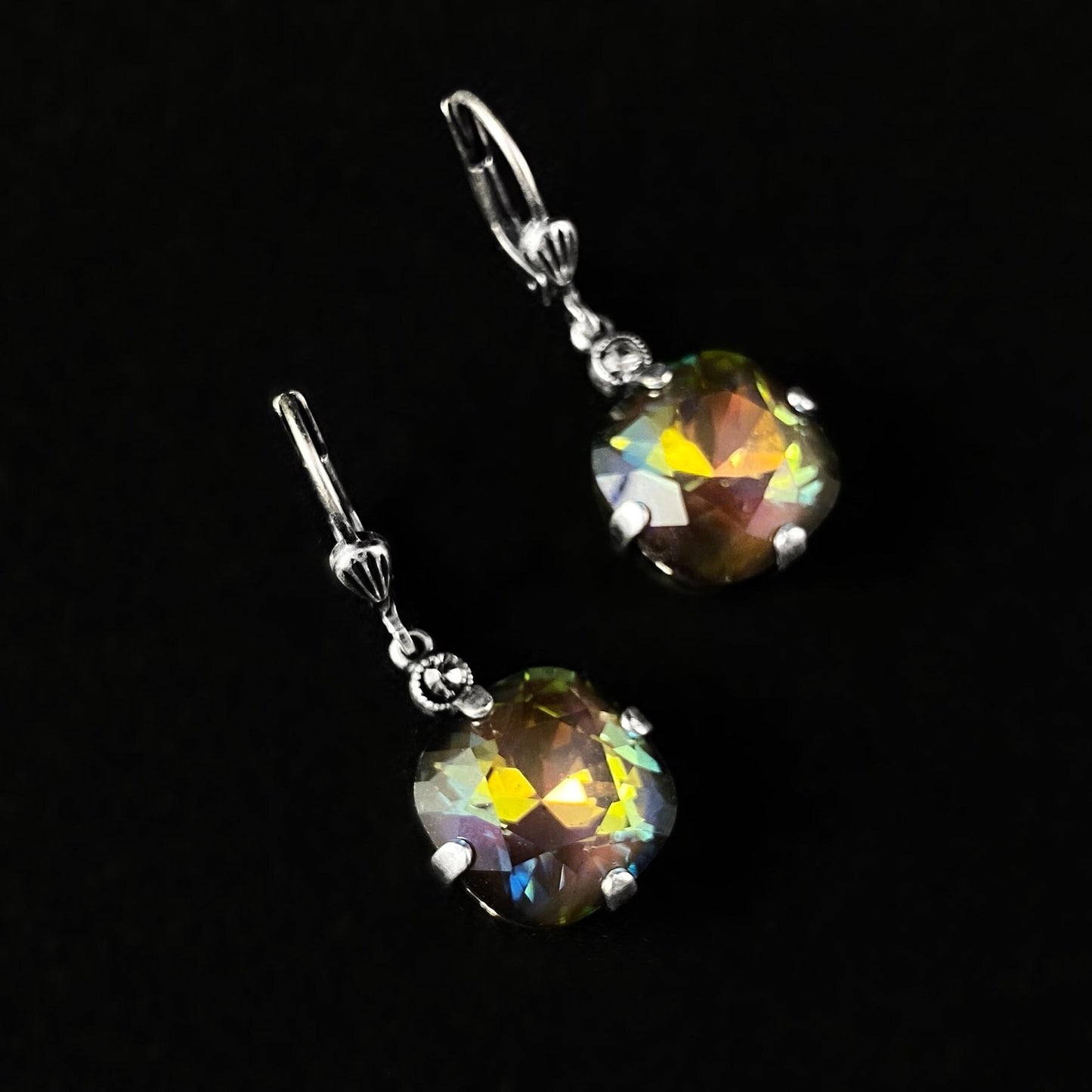 Warm Rainbow Cushion Cut Swarovski Crystal Drop Earrings - La Vie Parisienne by Catherine Popesco