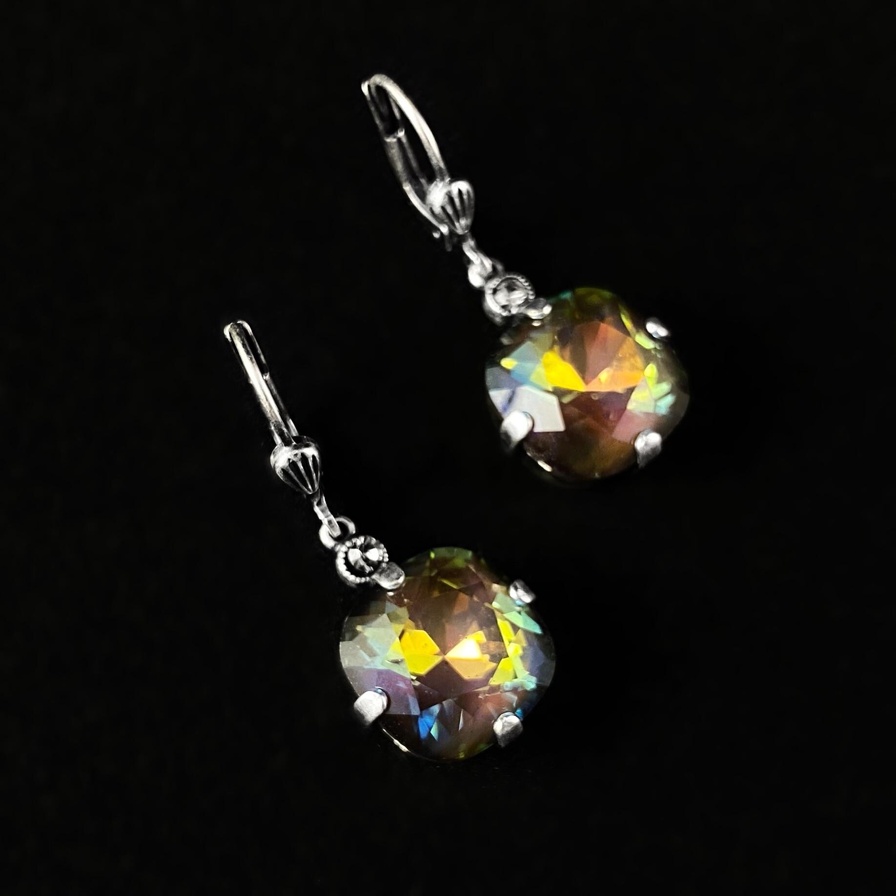 Warm Rainbow Cushion Cut Swarovski Crystal Drop Earrings - La Vie Parisienne by Catherine Popesco