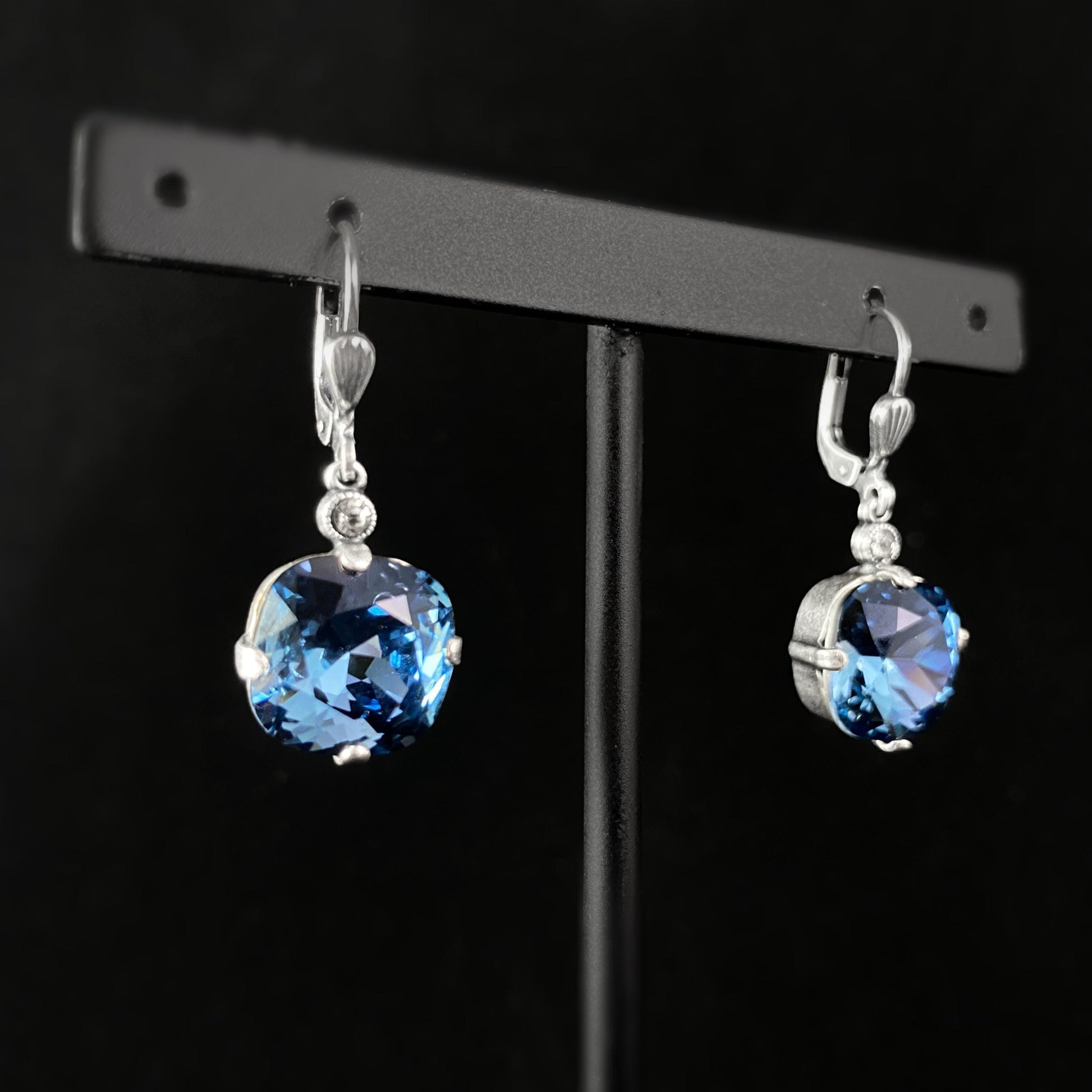 Blue Cushion Cut Swarovski Crystal Drop Earrings - La Vie Parisienne by Catherine Popesco