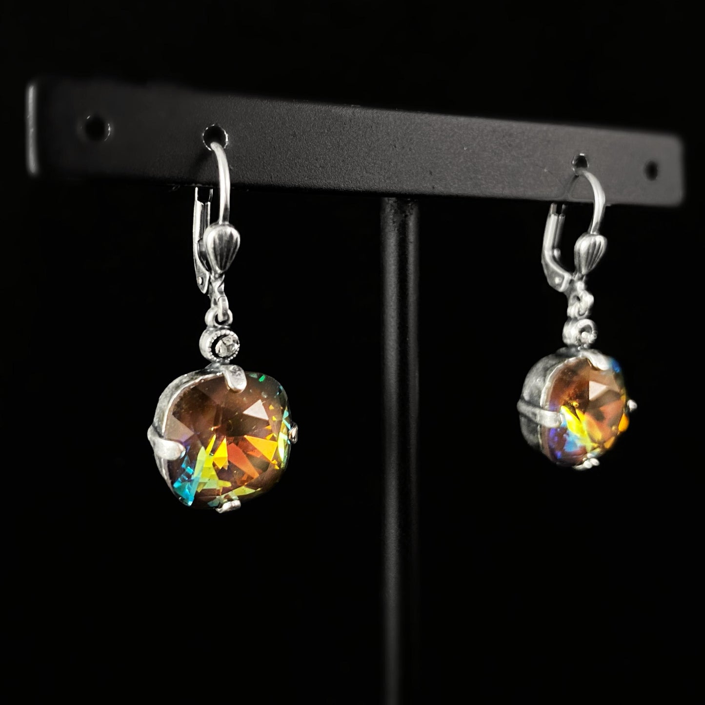 Warm Rainbow Cushion Cut Swarovski Crystal Drop Earrings - La Vie Parisienne by Catherine Popesco