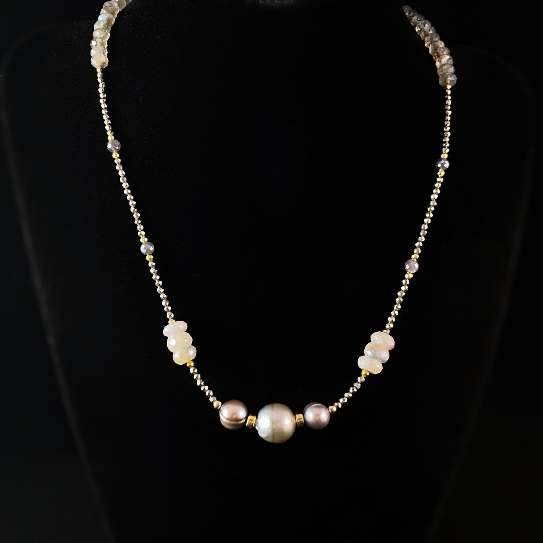Tahitian Pearl, Freshwater Pearl, Silverlite, Labradorite, and Pyrite Necklace, Handmade in USA - Avaasi