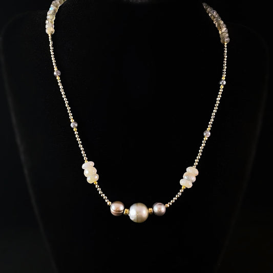 Tahitian Pearl, Freshwater Pearl, Silverlite, Labradorite, and Pyrite Necklace, Handmade in USA - Avaasi