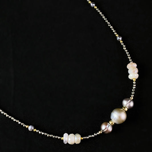 Tahitian Pearl, Freshwater Pearl, Silverlite, Labradorite, and Pyrite Necklace, Handmade in USA - Avaasi