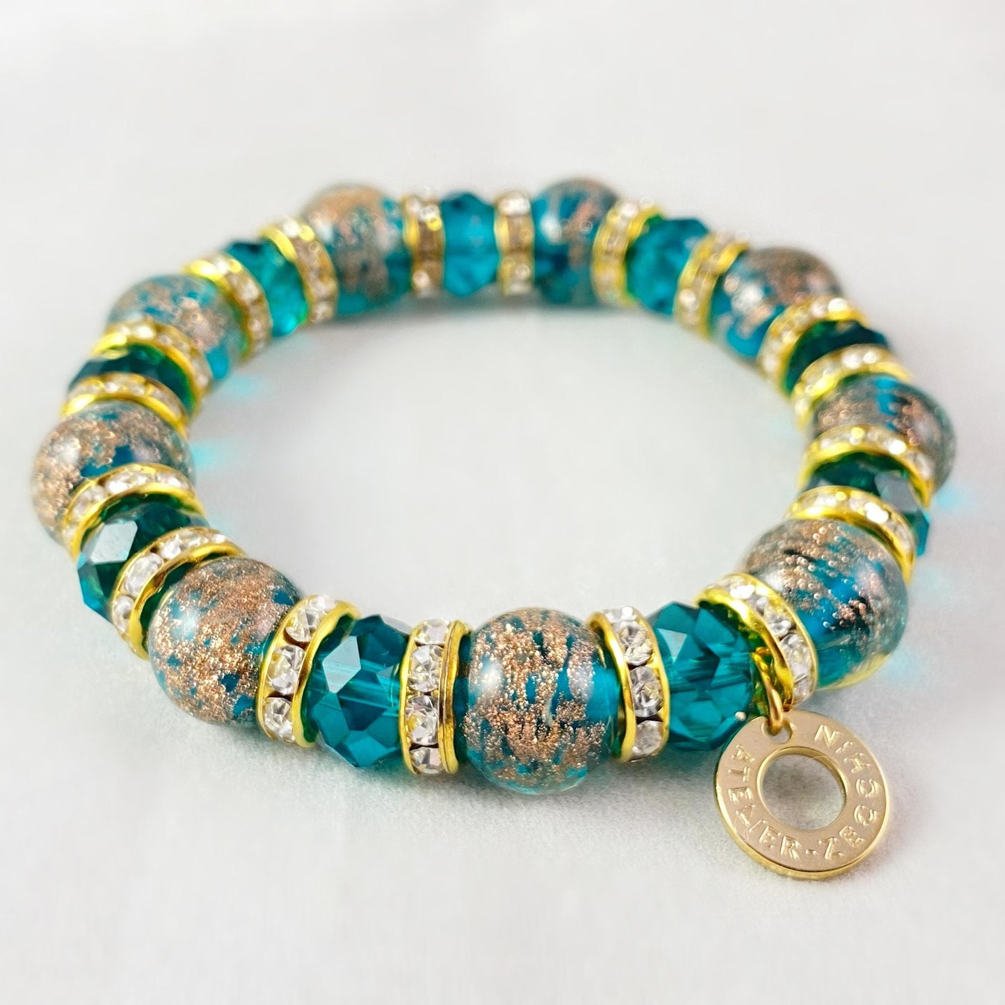 Teal Blue Beaded Venetian Glass Bracelet - Handmade in Italy, Colorful Murano Glass