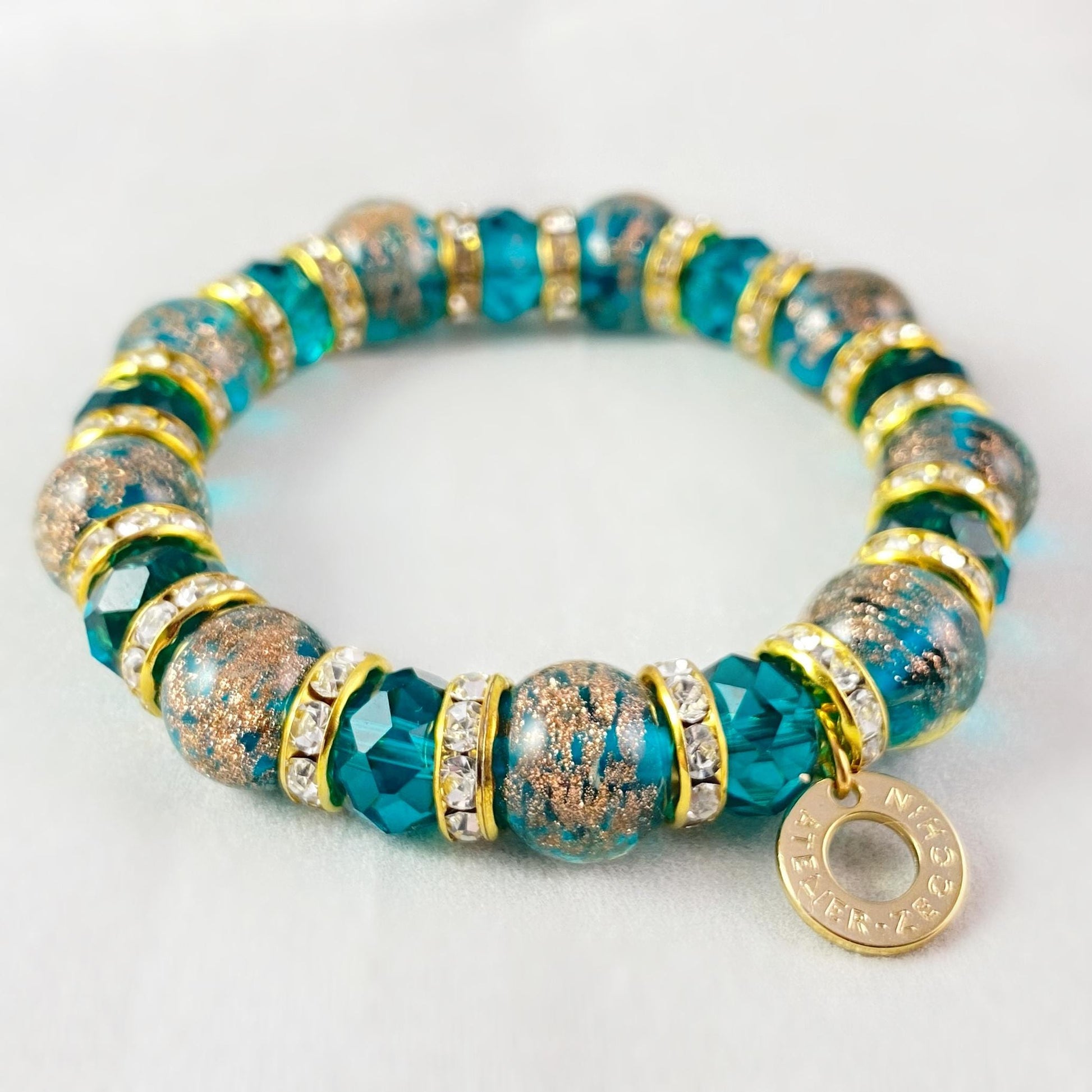 Teal Blue Beaded Venetian Glass Bracelet - Handmade in Italy, Colorful Murano Glass