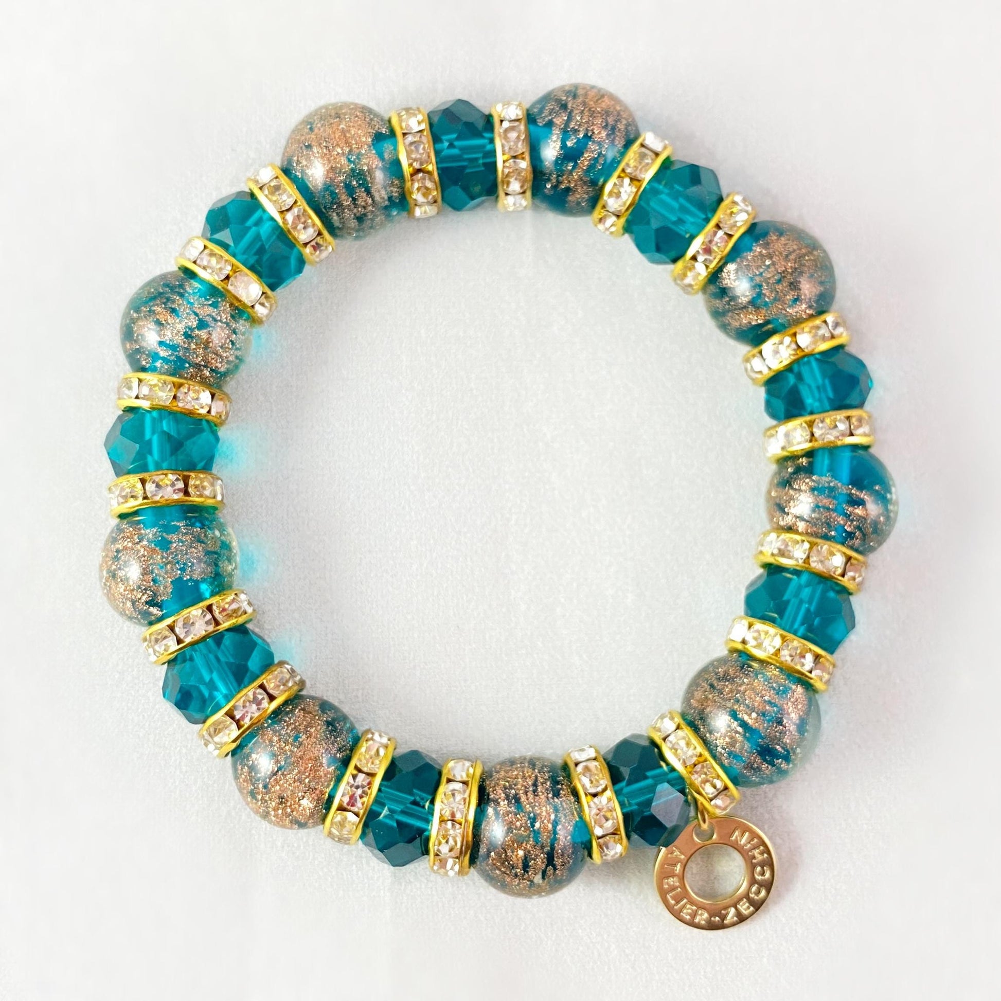 Teal Blue Beaded Venetian Glass Bracelet - Handmade in Italy, Colorful Murano Glass